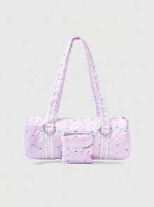ROMWE Kawaii Multicolor Candy Polka Dot Print Lace Trim Shoulder Strap Design Tote Bag With Pocket Suitable For Photo, ID, Party, Vacation, Shopping, Cute & Sweet - Pink - View 1
