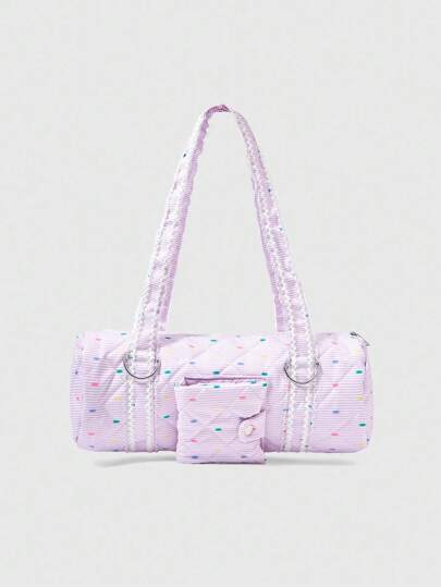 Kawaii Multicolor Candy Polka Dot Print Lace Trim Shoulder Strap Design Tote Bag With Pocket Suitable For Photo, ID, Party, Vacation, Shopping, Cute & Sweet
