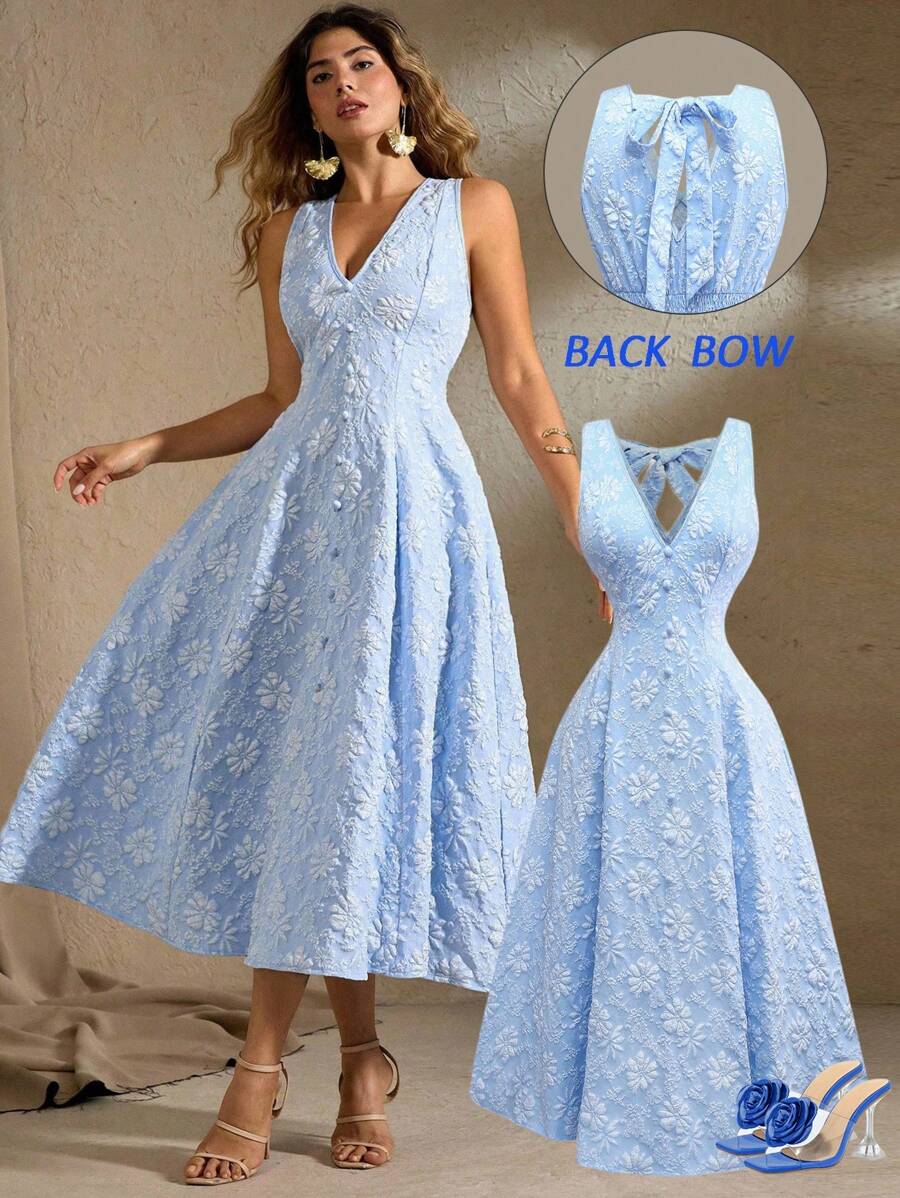 Flirla Váy chữ A in hoa tay bồng cỡ lớn cho nữ, màu vàng - Màu xanh lam - Xem 1