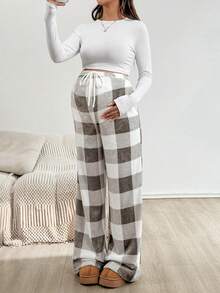 SHEIN Autumn And Winter  Maternity Plaid Print Drawstring Waist Pocket Pants, Warm For Autumn And Winter Plaid Pants Fleece Pants Pajama Pants Checkered Pants Lounge Pants