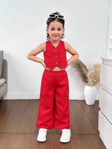 SHEIN 女童休閒春夏純色梭織無袖背心與工裝褲套裝，紅色兩件式套裝，女童褲裝套裝，女孩百搭連身褲 - 紅色 - 查看 6