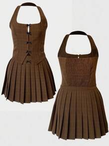 Women Bow Camisole Top & Ruffle Mini Skirt Set - Brown - View 1