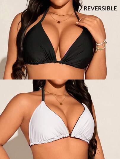 Swim Lushoire 全新夏季海滩简约双色双面大码泳衣上衣 - 可双向穿着