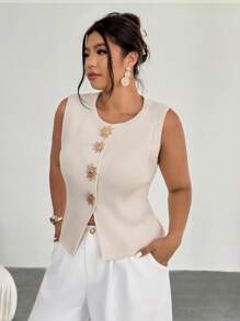 Firerie Plus Size Women Metal Decor Knitted Vest, Casual For Summer White Knit Top White Elegant Top White Vest For Women Tops For Women Elegant Knit Vest Fall Women Clothes Winter Cdothes For Women  Teacher Back To School Clothes,Business Casual Woman Autumn - Apricot - View 4