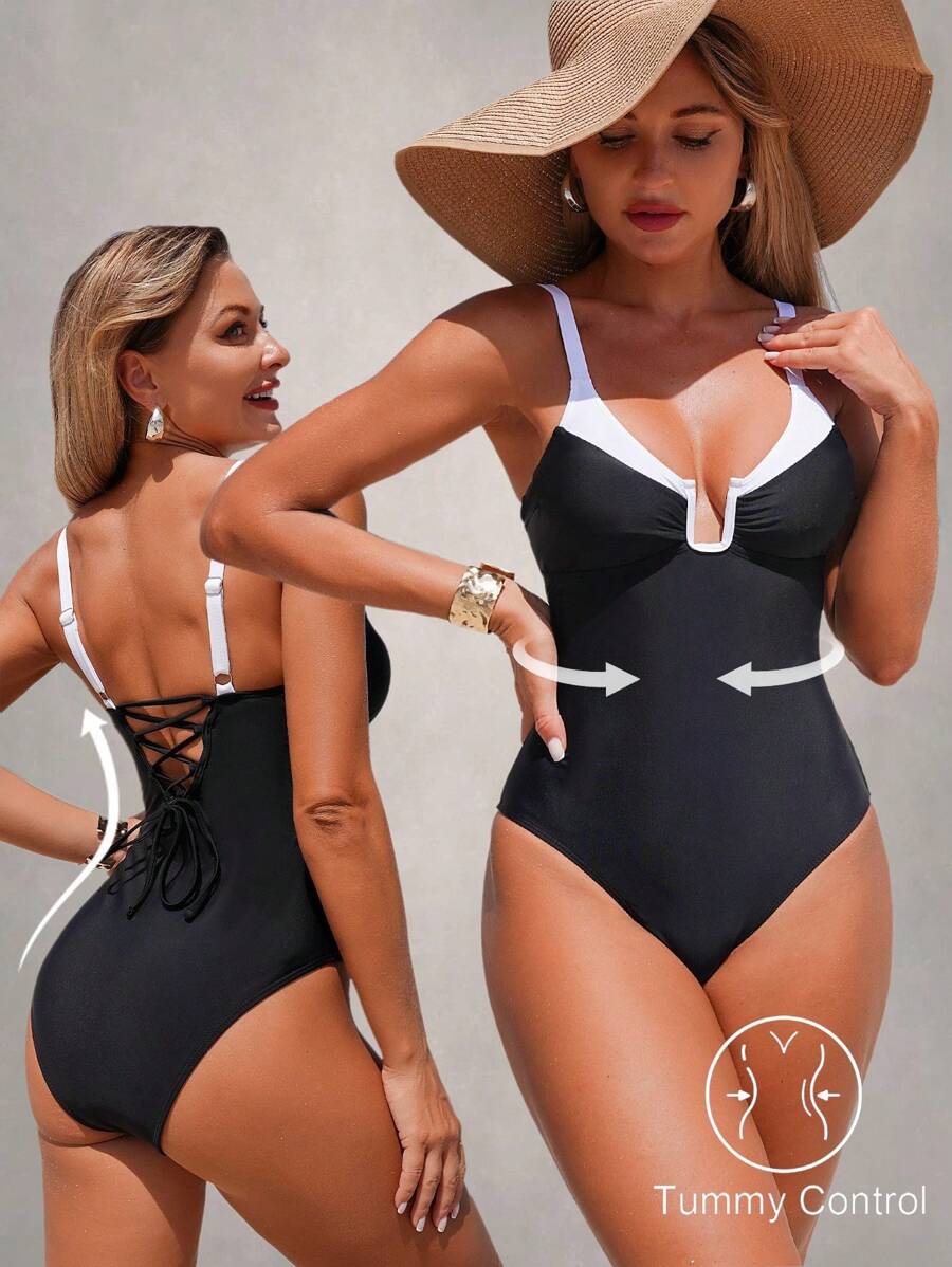 Shapewave 1pc Black & White Color Block Slimming Monokini, Elegant Minimalist Design, Suitable For Spring/Summer Beach Holiday Tummy Control Swim
