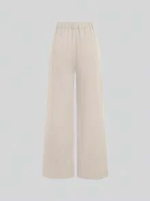 SHEIN Unity Áo vest không tay cài nút vàng đa năng cho nữ & quần ống đứng bồng bềnh, mùa hè - Màu be - Xem 6