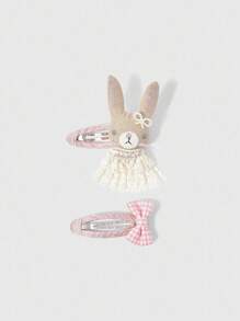 ROMWE Kawaii 2件套蝴蝶结蕾丝兔耳发夹 - 粉色 - 查看 1