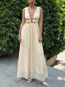 Aloruh 全新性感深 V 无袖褶皱腰 A 字裙，轻盈，适合派对、音乐节、鸡尾酒会 - 米色 - 查看 3