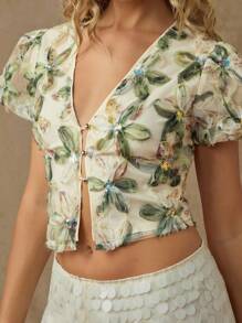 Glamine Blusa de mujer con escote en V, mangas abombadas y bordado floral verde, elegante y de moda para el verano