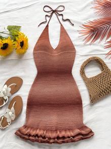 Soleia Coffee Brown Autumn Boho Vacation Holiday,Elegant Tropical Ombre Halter Neck Ruffle Knit Mini Dress,Beach Wedding Guest Graduation Brunch Attire - Multicolor - View 4
