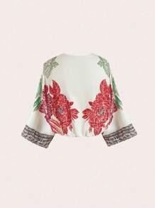 Lyrianda 大码女式 V 领花卉印花拼接优雅复古休闲蝴蝶结领带衬衫，春夏 - 彩色 - 查看 2