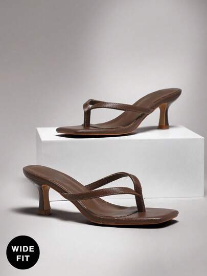 SHUZIA 干净女孩美学宽版方头亮面棕榈印花 PU 深橄榄色高跟人字拖凉鞋 - 高级版加大码款式，适合早午餐到晚宴