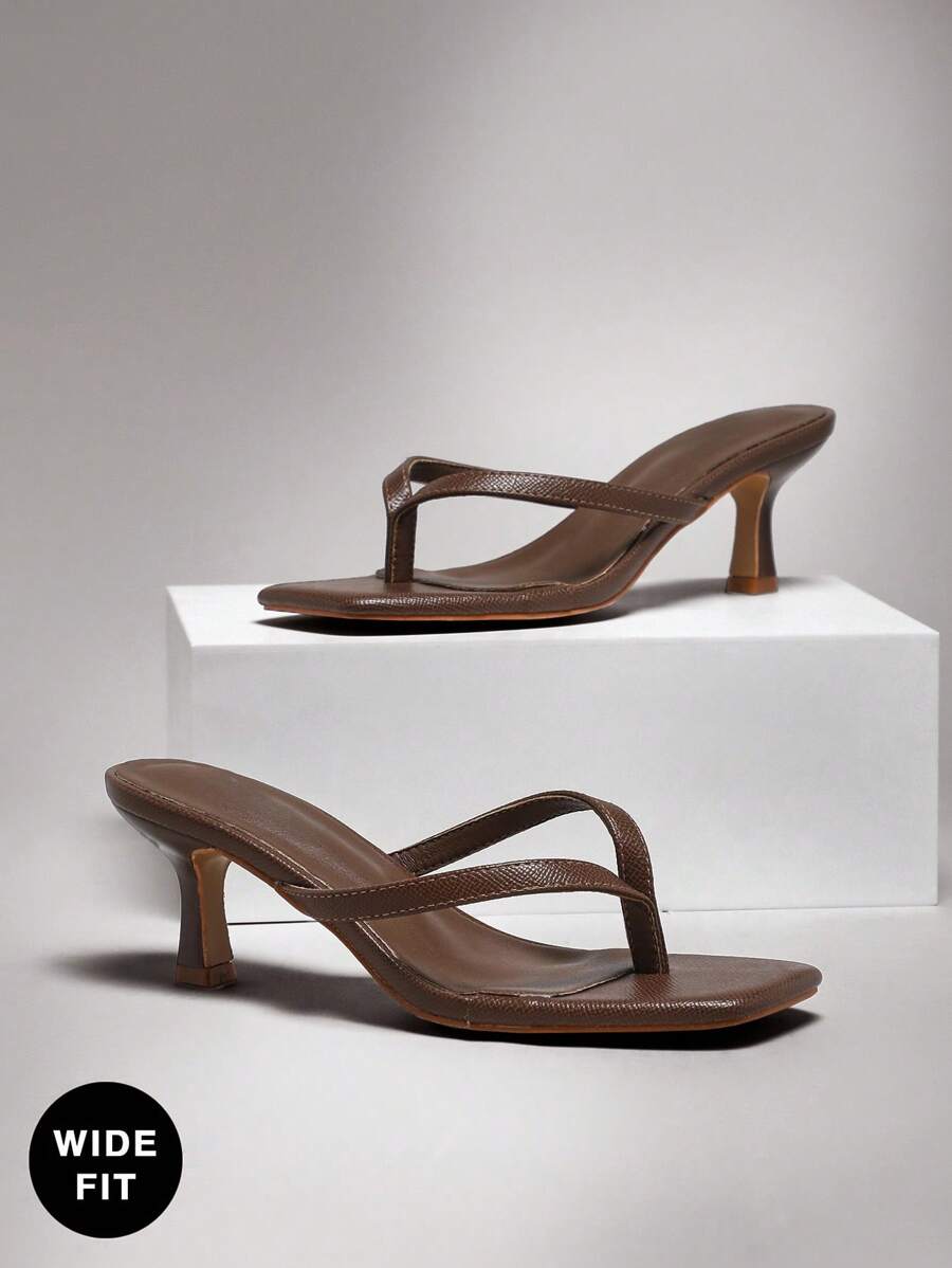 SHUZIA 干净女孩美学宽版方头亮面棕榈印花 PU 深橄榄色高跟人字拖凉鞋 - 高级版加大码款式，适合早午餐到晚宴 - 橄欖綠 - 查看 1