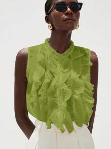 Aveloria Modichic White Textured Sheer Multi-Layer Ruffled Elegant Romantic Versatile French Style Sleeveless Collared Women Blouse - Green - View 4