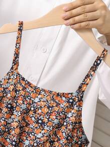 SHEIN Vintaside Kids Set de 2 piezas para niñas compuesto por un cárdigan de punto acanalado informal con decoración de lazo y un vestido camiseta con estampado floral sencillo, adecuado para primavera/otoño
