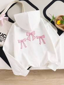 1pc Tween Girl Zip-Up Hoodie Jacket With Butterfly Embroidery Design, Long Sleeve, Drawstring Waist Fall Winter - White - View 2