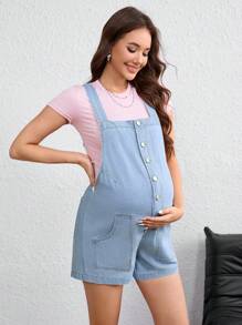 SHEIN Maternity Casual Denim Romper For Summer - Light Wash - View 5