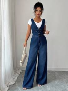 Elenzga Bộ đồ liền thân denim loe không tay cổ chữ V cài nút thường ngày cho nữ - Rửa tối - Xem 4