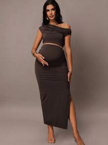 MaterniChic Bộ áo và váy xòe bất đối xứng màu trơn cho bà bầu, trang phục 2 món thanh lịch - Cà phê nâu - Xem 4