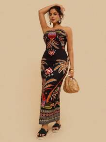 Travachic 大码女式夏季多色热带印花抹胸连衣裙，长款针织弹力连衣裙 - 黑色 - 查看 6