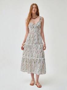 Florisole Women's Casual Floral & Striped Ruffled Hem Spaghetti Strap Dress Floral Midi Dress Summer Dress - Multicolor - View 6
