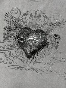 INAWLY 女士圆领短袖心形印花休闲简约 T 恤，日常穿着图案 T 恤女式上衣