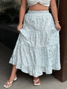 Sunnyshic Plus Size Elastic Waist Ruffle Hem Ditsy Floral Casual Skirt For Women Fall Cloth For Women