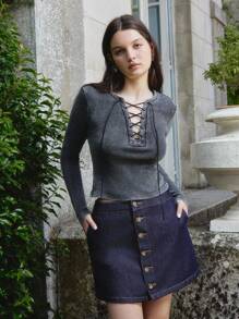 lacRébo Washed Black Rib Knit Cotton Fitted Top With Lace-Up Front Detail Fall Women Clothes Back To School Top Autumn Winter