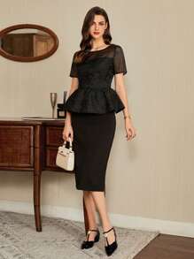 Vintamour 复古经典优雅女士上衣，修身提花拼接撞色短袖上衣，春夏婚礼宾客、教师外出、商务休闲、生日、办公室等场合皆宜，尽显老钱风范。 - 黑色 - 查看 7