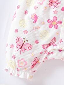 SHEIN Playful Pals 3 件套女婴休闲可爱蝴蝶印花盖袖连体衣和松紧腰短裤，配发带