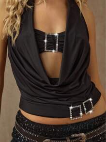 Glamine 2 件套女士简约圆环装饰圆领吊带背心，适合夏季 - 黑色 - 查看 3