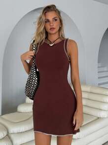 Roylia Women's Summer Fashion Edged Stitching Form-Fitting Mini Dress - Brown - View 4