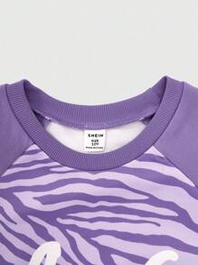 SHEIN 2pcs/Set Girls Zebra Print & Letter Short Sleeve Raglan T-Shirt And Shorts, Suitable For Daily Outdoor Activities - Multicolor - View 3