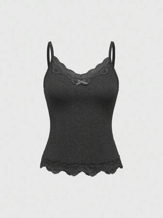 Women's Solid Color Contrast Lace Bowknot Decor Camisole