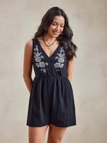 Wildy Women's Summer American Western Country Style Casual Vacation Black Embroidered Romper Western Country Concert Outfit Country Outfits Women 100 Cotton