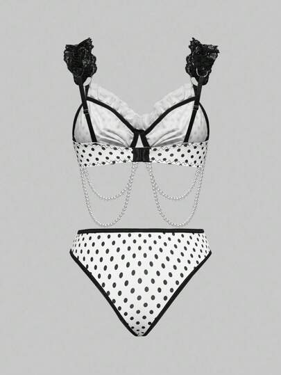 ROMWE Avant Fashionable Handmade Polka Dot Pearl Chain Lace Patchwork Underwire Sexy Lingerie Set For Women