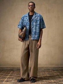 AKNOTIC Business Casual 年轻男士休闲宽松短袖开襟衬衫男士花衬衫男士夏季衬衫男士纽扣衬衫男士夏威夷衬衫男士热带衬衫 - 深色水洗藍 - 查看 2