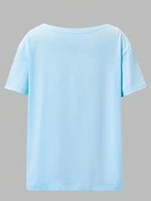 Teen Girl Loose-Fit Casual Graphic Tee Tops, American Style, Summer,Holiday,Summer,Travel - Blue - View 2