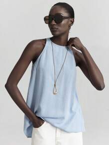 Ontre 2025新款音乐节、演唱会、乡村音乐节女士音乐活动，度假风圆领镂空无袖亚麻材质米色女式上衣，春夏日常休闲浅蓝色女式上衣，女士亚麻上衣，女士无袖上衣沙滩装，波西米亚风度假装，四季皆宜的ins明星同款度假风，异域风情，乡村演唱会，西部风服装，高档面料，舒适透气 - 藍色 - 查看 5