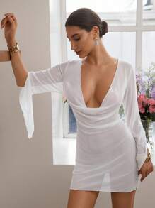 Swim Chiccia Nuovo caftano da donna in tessuto di chiffon tinta unita semi-trasparente, stile minimalista, con maniche lunghe e scollo a V profondo