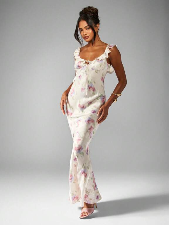 missguided floral midi dress Missguided Black Floral Print Asymmetric Strap Bodycon Midi Dress
