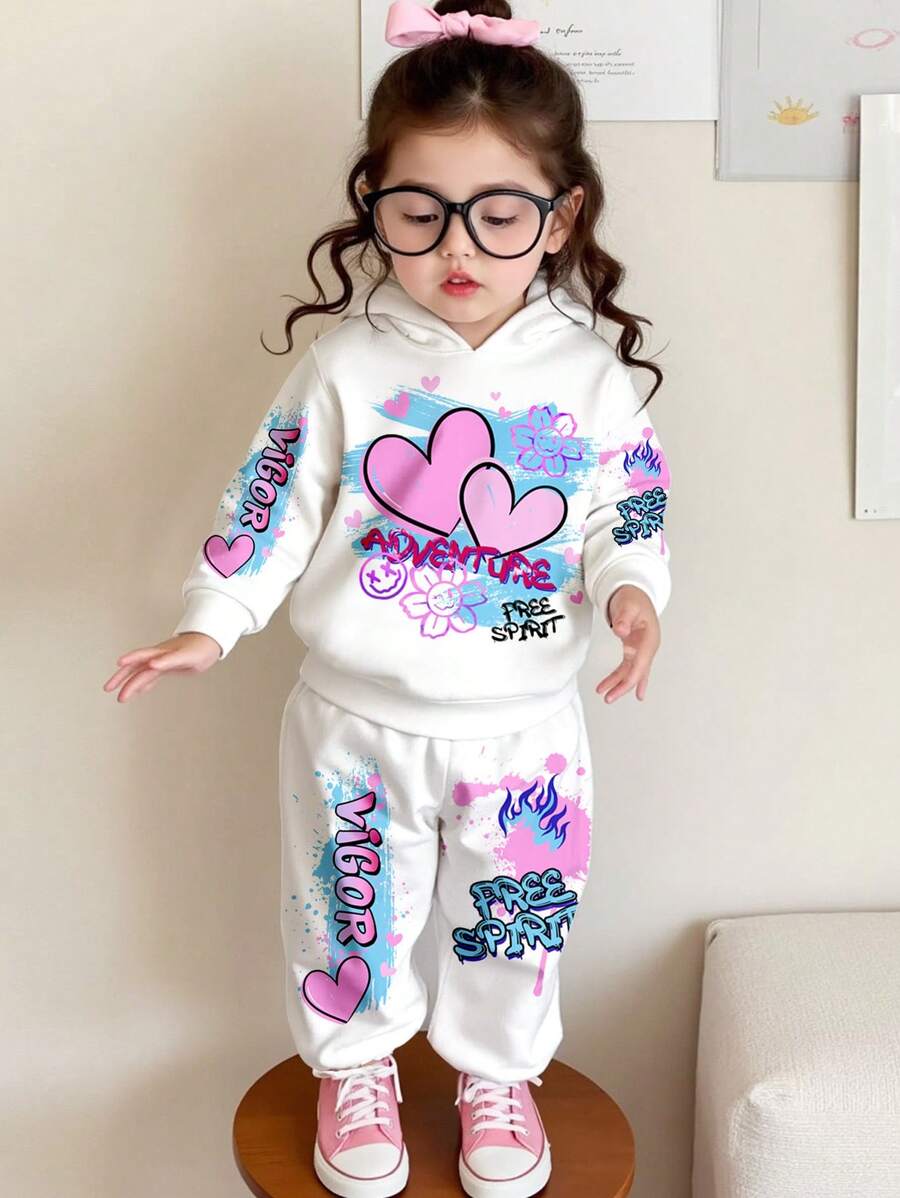 SHEIN Street Graffiti Print, Heart, Cool Girl, Baby Girl Casual Minimalist Loose Comfy Knitted Soft Hoodie & Sweatpants Set, Suitable For Autumn/Winter