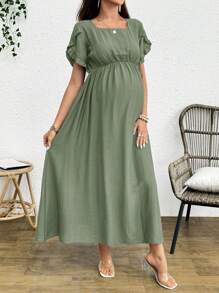 SHEIN 孕妇休闲纯色方领荷叶边花瓣袖束腰连衣裙