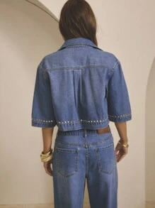 Aralina Camisa de mezclilla con detalles de tachas, manga corta para invierno/verano - Azul lavado medio - Ver 2