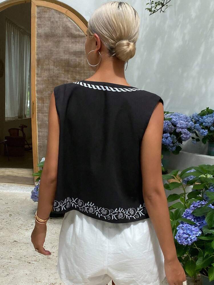 Cashew Pattern Print Short Round Neck Sleeveless Casual Vest Jacket For Women, Summer