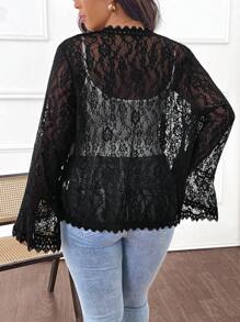 Calvaya 大码时尚休闲蕾丝透视夹克 - 黑色 - 查看 2