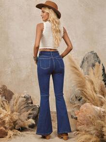 SHEIN LUNE Women's Elastic Denim Embroidered Flared Long Pants - Medium Wash - View 2