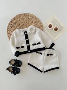 Baby Girls Elegant Contrast Binding 3D Floral Decor Woven Jacket And Elastic Waist Shorts Set, Autumn/Winter - White - View 7