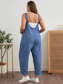 EMERY ROSE Mature Denim Bộ đồ liền thân denim hai túi thường ngày mùa hè cỡ lớn - Rửa trung bình - Xem 2
