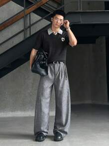 NEON BLANC Plus Size Men's Woven Gray Vertical Stripe Wide Leg Pants, Fall - Grey - View 6